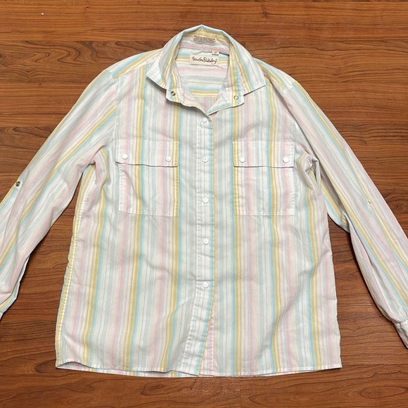 Diane Von Furstenberg VINTAGE PEARL SNAP STRIPED Button Up size 12 made in Italy - Picture 1 of 6